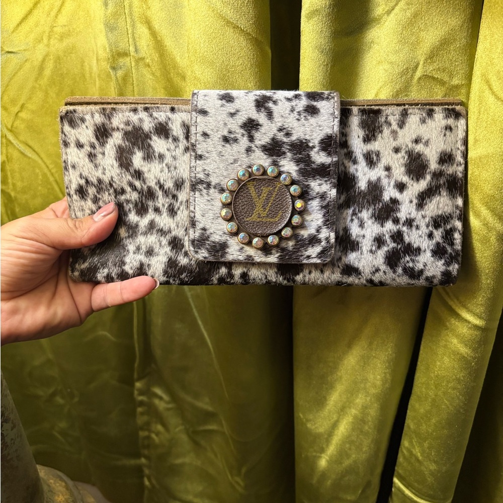Louis Vuitton Black & White Speckled Calf Hair Clutch with Studded LV Medallion